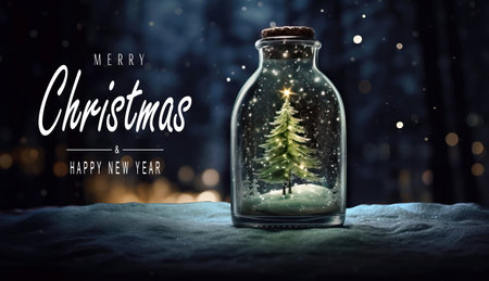 Christmas tree in glass jar decoration. Merry christmas and new year greeting card with text Calligraphicの素材