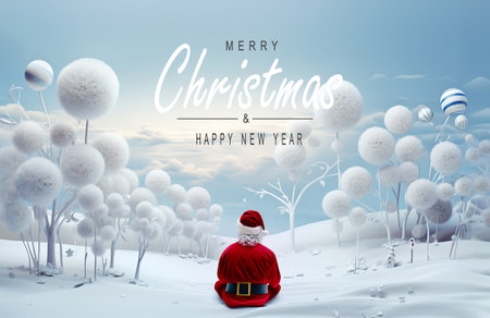 Back view of Santa claus sitting in Fantasy winter scene . Merry Christmas and new year greeting card. Christmas text Calligraphicの素材