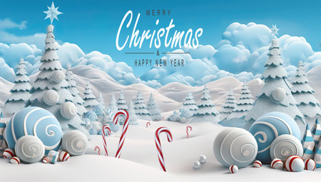 Winter scene of a candy canes fantasy world. Merry Christmas and new year greeting card. Christmas text Calligraphicの素材