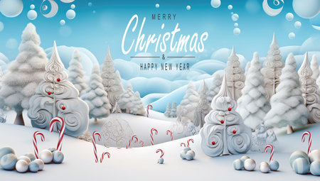 Fantasy winter scene with candy canes. Merry Christmas and new year greeting card. Christmas text Calligraphicの素材