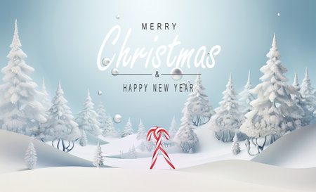 Fantasy winter scene with candy canes. Merry Christmas and new year greeting card. Christmas text Calligraphicの素材