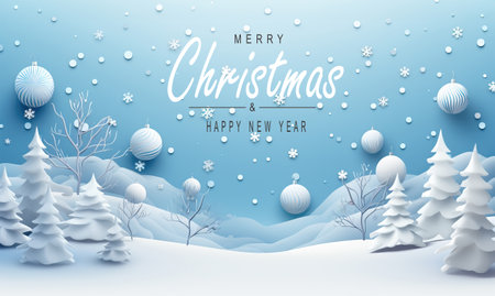 Winter scene of a snowy landscape. Merry Christmas and new year greeting card. Christmas text Calligraphicの素材
