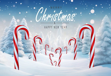 Winter scene of a candy canes fantasy world. Merry Christmas and new year greeting card. Christmas text Calligraphicの素材