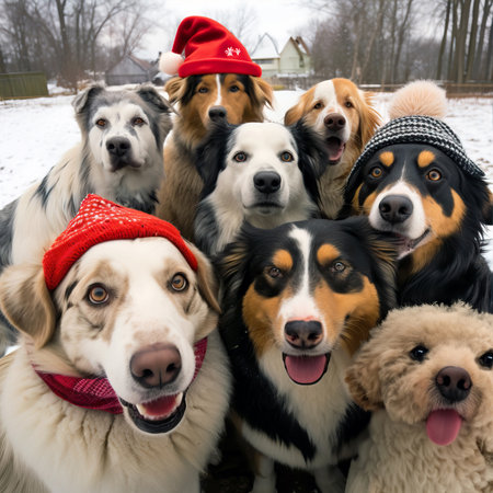 Funny scene of a group of dogs taking a selfie during a christmas winter day.の素材