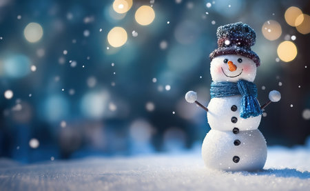 Christmas winter background with snowman and blurred bokeh. Merry christmas and happy new year greeting card with space for text.の素材