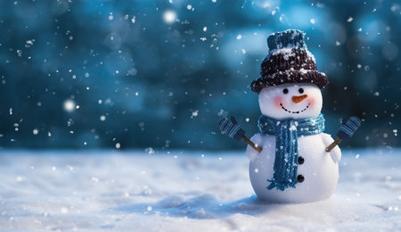 Christmas winter background with snowman and blurred bokeh. Merry christmas and happy new year greeting card with space for text.の素材