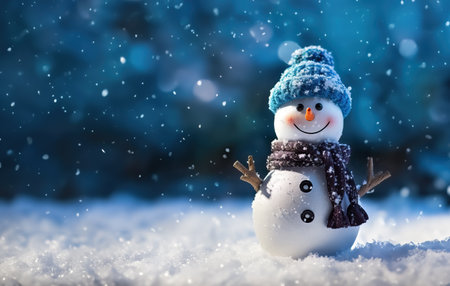 Christmas winter background with snowman and blurred bokeh. Merry christmas and happy new year greeting card with space for text.の素材