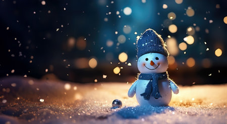 Christmas winter background with snowman and blurred bokeh. Merry christmas and happy new year greeting card with space for text.の素材