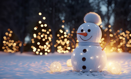 Christmas winter background with snowman and blurred bokeh. Merry christmas and happy new year greeting card with space for text.の素材