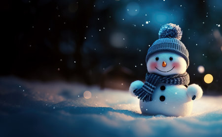 Christmas winter background with snowman and blurred bokeh. Merry christmas and happy new year greeting card with space for text.の素材