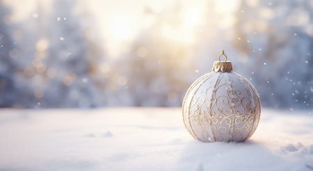 Christmas snowy background with white balls decoration. Merry christmas and happy new year greeting card with copy spaceの素材