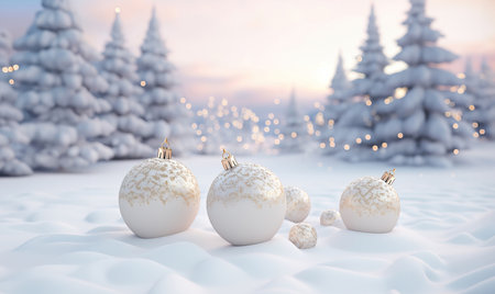 Christmas snowy background with white balls decoration. Merry christmas and happy new year greeting card with copy spaceの素材