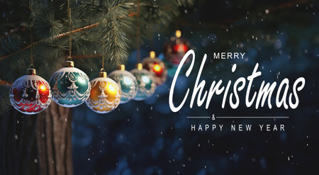 Merry christmas and happy new year greeting card. Beautiful Christmas balls decoration hanging on a fir treeの素材