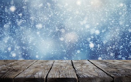 Empty rustic woooden table with Natural Winter background for display of advertise seasonal productsの素材