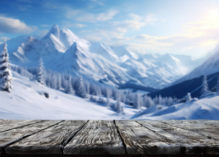 Empty rustic woooden table with Natural Winter background for display of advertise seasonal productsの素材