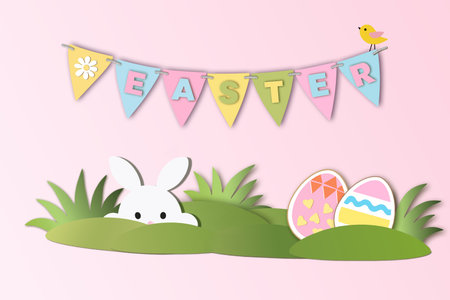 Cute Easter bunny with eggs and pastel banner decoration on soft pink background