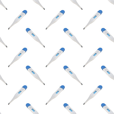 Digital medical thermometers arranged diagonally seamless pattern background