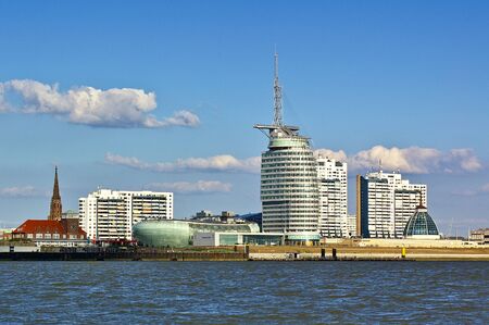 Waterfront and skyline of Bremerhaven with shopping mall, hotel, museums, churchのeditorial素材