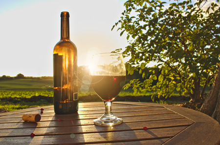 Glass of red wine with open bottle, cork and red berries on wooden table with green fields, bush and sunset in the backgroundの写真素材