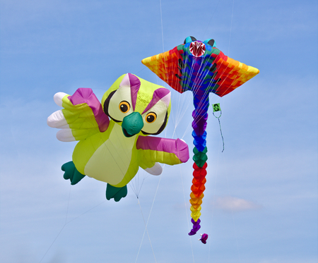 Lemwerder, Germany - August 18th, 2018 -Two large kites (one in the shape of a cartoon owl and one traditionally shaped kite) in front of a blue sky at the Lemwerder Kite Festivalのeditorial素材
