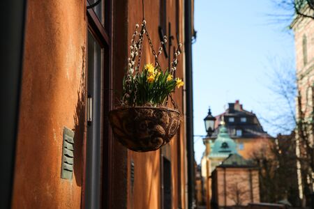 The picture from the narrow traditional streets of Stockholm. Walking inside the Gamla Stan.の写真素材