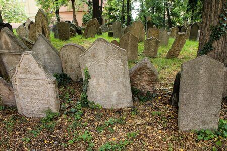 The very old jewish cemetery with a lot of shabby stone tombstones.の写真素材