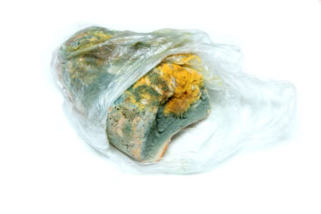 The picture of a fully mouldy bread because of the wrong storage in hdpe sack. Rotten and uneatable. Isolated on white background.の写真素材