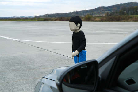 The child pedestrian soft target standing on the proving ground. Used for testing of the autonomous...