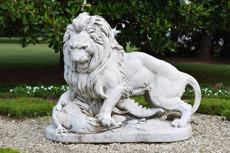 White statue with lion attacking a crocodile with green background of gardenの写真素材