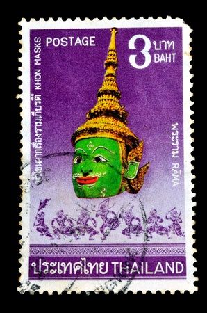 THAILAND - CIRCA JULY 1981  A postage stamp printed in Thailand shows image of traditional Thai giant mask  Khon  with the inscription  Indrajit  ;, from the series  Thai Masks, 2nd Series  circa July 1, 1981の写真素材