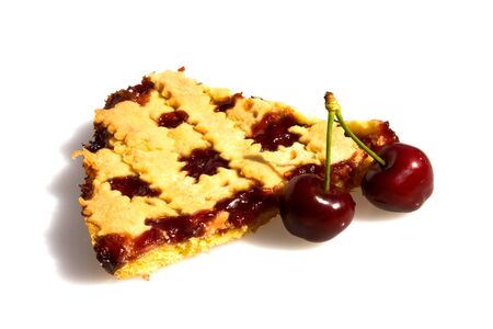 Food & Drinks - Slice of tart with sour cherry jam isolated on white background.の写真素材