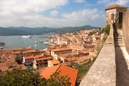 View above  Portoferraio roofs and harbor from Forte Stella, Elba Island, Italy.の写真素材