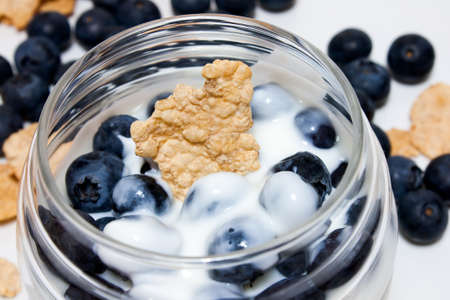 Closeup of bowl of yogurt with blueberries and cereals 