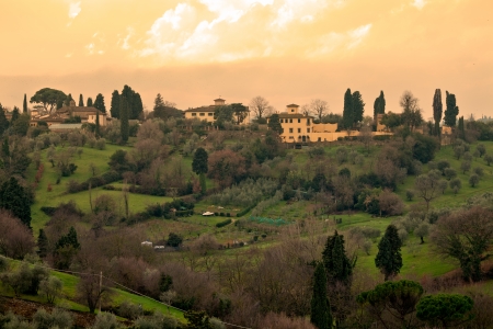 Typical tuscan landscape at sunset in Florence, Italy の写真素材