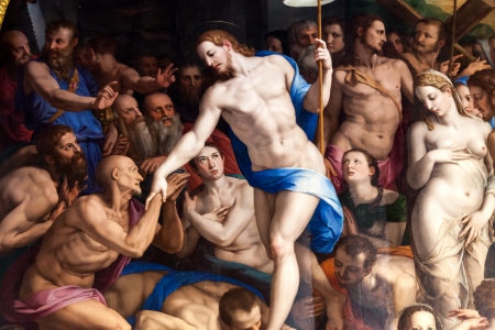 FLORENCE, ITALY - OCTOBER 3: Detail of the famous painting The Descent of Christ to Limbo, created in 1552 by Agnolo di Cosimo called Il Bronzino. Detail showing two of the florentine beauties, Camilla Teldaldi dal Corno and Costanza della Sommaia, sittinのeditorial素材