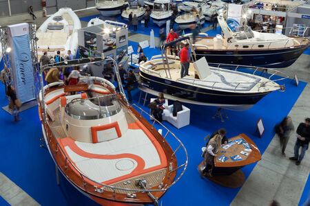 ROME, ITALY - FEBRUARY 16, 2014: At Fiera di Roma, during the Big Blue Expo, the stand of La Baia Nautical s.r.l. presenting the Venere 28 boat.のeditorial素材
