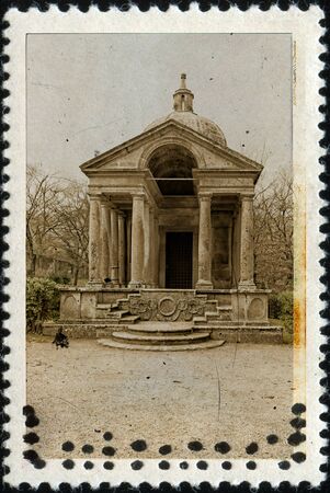 Vintage stamp showing the Temple of Eternity situated in The Park Of The Monsters at Bomarzo, Viterbo province, Lazio, Italy.のeditorial素材