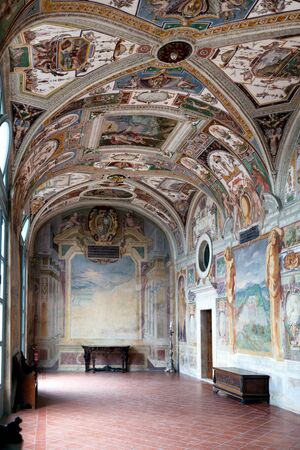 Grotesques frescoes in Casino Gambara at Villa Lante which depicts properties of Farnese family. Bagnaia, Viterbo province, Italy.のeditorial素材