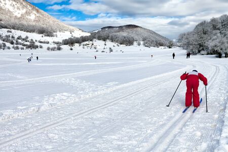 Country-cross skier on the heights of mountain Majella in Abruzzi, Italy.の写真素材