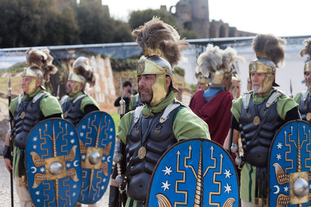 ROME, ITALY - APRIL 19, 2015: Birth of Rome festival - Actors dressed as ancient Roman Praetorian soldiers attend a parade to commemorate the 2,768th anniversary of the founding of Rome.のeditorial素材