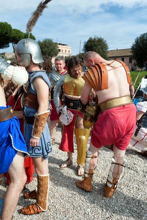 ROME, ITALY - APRIL 19, 2015: Birth of Rome festival - Actors dressed as ancient Roman Praetorian soldiers attend a parade to commemorate the 2,768th anniversary of the founding of Rome.のeditorial素材