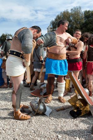 ROME, ITALY - APRIL 19, 2015: Birth of Rome festival - Actors dressed as ancient Roman Praetorian soldiers attend a parade to commemorate the 2,768th anniversary of the founding of Rome.のeditorial素材