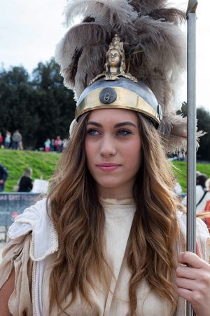 ROME, ITALY - APRIL 19, 2015: Birth of Rome festival - Actors dressed as ancient Roman Praetorian soldiers attend a parade to commemorate the 2,768th anniversary of the founding of Rome.のeditorial素材