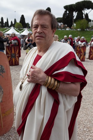 ROME, ITALY - APRIL 19, 2015: Birth of Rome festival - Actors dressed as ancient Roman Praetorian soldiers attend a parade to commemorate the 2,768th anniversary of the founding of Rome.のeditorial素材