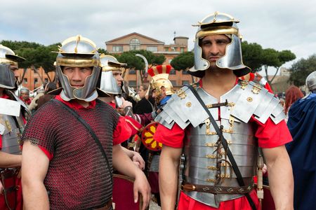 ROME, ITALY - APRIL 19, 2015: Birth of Rome festival - Actors dressed as ancient Roman Praetorian soldiers attend a parade to commemorate the 2,768th anniversary of the founding of Rome.のeditorial素材