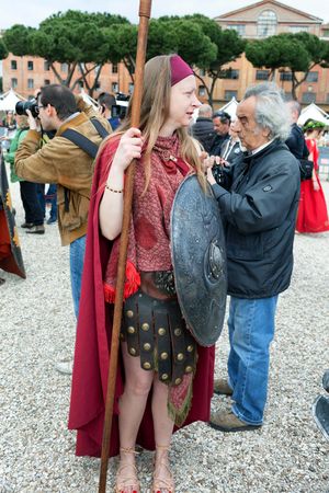 ROME, ITALY - APRIL 19, 2015: Birth of Rome festival - Actors dressed as ancient Roman Praetorian soldiers attend a parade to commemorate the 2,768th anniversary of the founding of Rome.のeditorial素材