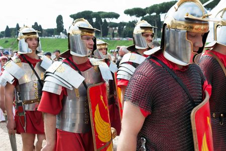 ROME, ITALY - APRIL 19, 2015: Birth of Rome festival - Actors dressed as ancient Roman Praetorian soldiers attend a parade to commemorate the 2,768th anniversary of the founding of Rome.のeditorial素材