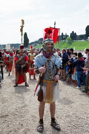 ROME, ITALY - APRIL 19, 2015: Birth of Rome festival - Actors dressed as ancient Roman Praetorian soldiers attend a parade to commemorate the 2,768th anniversary of the founding of Rome.のeditorial素材