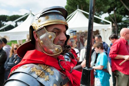 ROME, ITALY - APRIL 19, 2015: Birth of Rome festival - Actors dressed as ancient Roman Praetorian soldiers attend a parade to commemorate the 2,768th anniversary of the founding of Rome.のeditorial素材