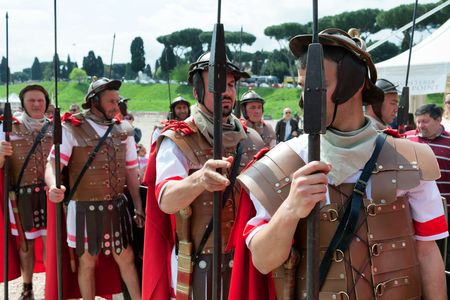 ROME, ITALY - APRIL 19, 2015: Birth of Rome festival - Actors dressed as ancient Roman Praetorian soldiers attend a parade to commemorate the 2,768th anniversary of the founding of Rome.のeditorial素材